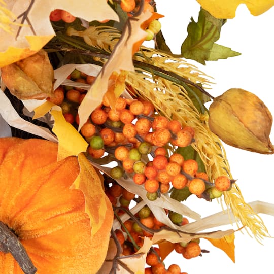 24" Velvet Pumpkins & Wheat Fall Harvest Wreath